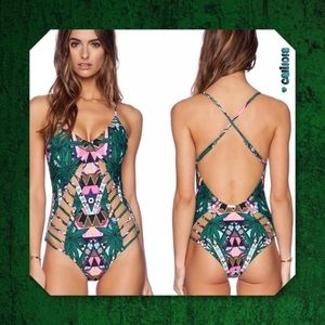 Green printed one piece swimsuit with cutouts